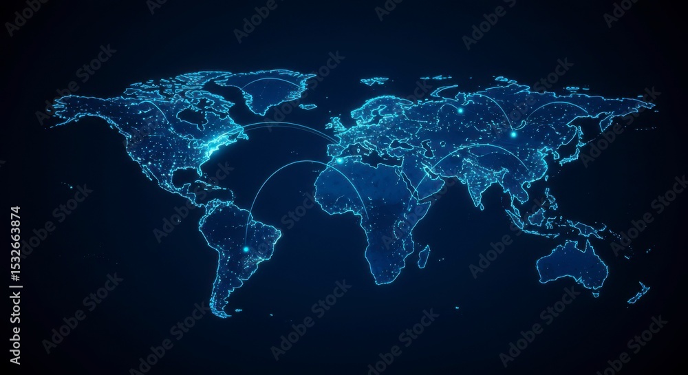 Poster global network connections visualized as a luminous world map, showcasing interconnectedness