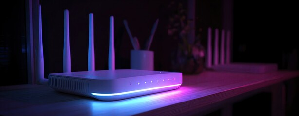 Modern Wi-Fi router with colorful LED lights.