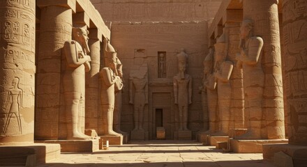 Ancient Egyptian temple interior, sun-drenched columns and statues