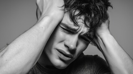 black and white portrait of awkward young man with tilted head and tense pose