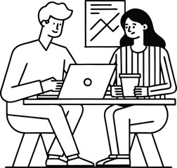 Line Art Two People Working at Laptop with Graph in Background