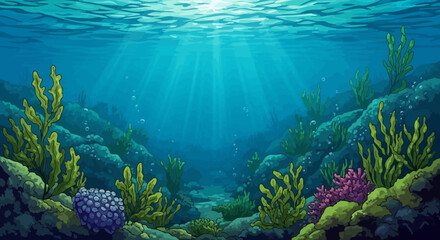Stunning Underwater Scene Vibrant Coral Reef, Sunbeams, and Lush Seaweed