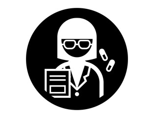 白衣を着た薬剤師のシンプルな丸いモノクロ白抜きイラストアイコン