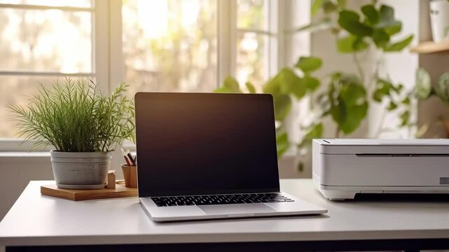 Laptop and printer on desk with plants in bright home office, work from home setup.