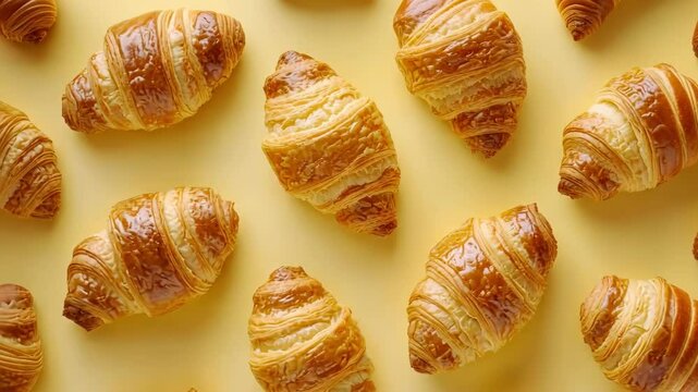 Delicious golden croissants on a light yellow background. Food, bakery, pastries, breakfast, pattern, background, yummy, croissant.