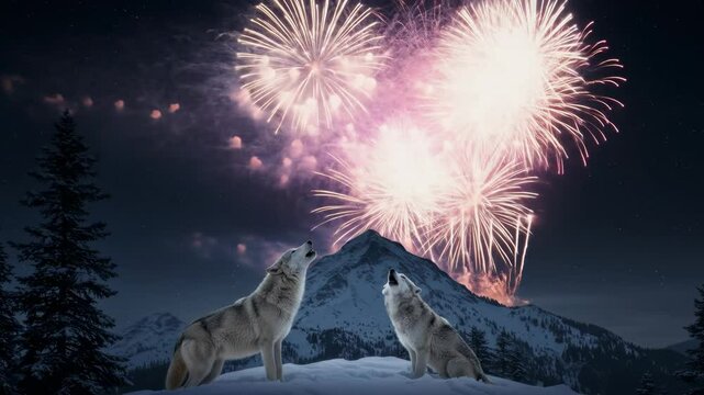 Howling Wolves with Colorful Fireworks Display in Snowy Mountain Landscape at Night