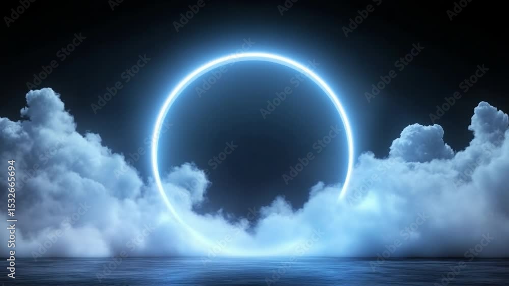 Poster celestial gateway: an ethereal neon circle glows brightly, encircled by soft, cloud-like formations,