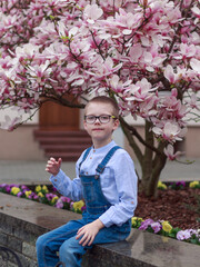A boy sits calmly on a ledge beneath blooming magnolia flowers in early spring. The image conveys...