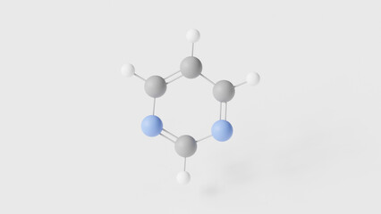 pyrimidine molecule 3d, molecular structure, ball and stick model, structural chemical formula heterocyclic compound