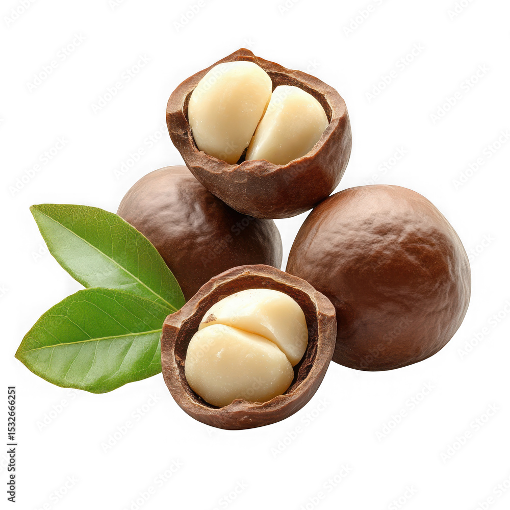 Poster macadamia nuts with leaves isolated on transparent background
