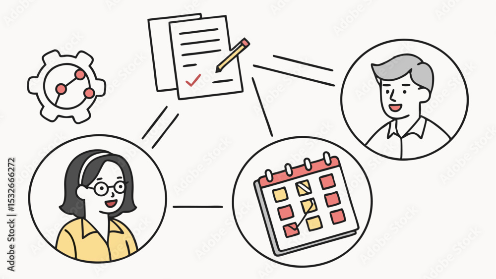 Poster illustration showing connected tasks with people calendar documents and a gear icon in a network dia
