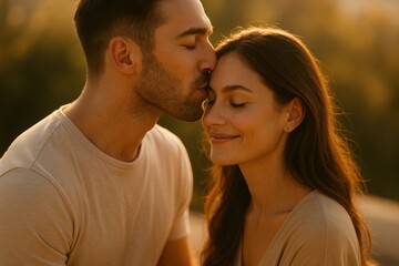 Fototapeta premium Man kissing woman on forehead at golden hour, conveying love, tenderness, and trust