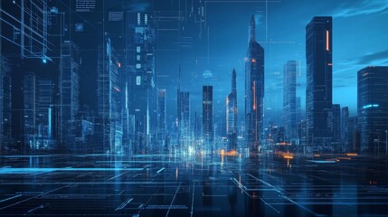 Fototapeta premium Futuristic smart city skyline with glowing digital blueprint overlay, showcasing advanced technology infrastructure, virtual data grid, and innovative urban planning in a high-tech environment