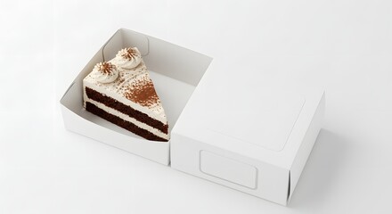 Top view of cake slice in takeaway box with empty label space, isolated on white background, high-resolution mockup