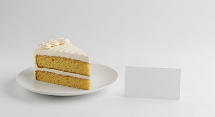 Single slice of cake on a white plate with blank business card next to it, minimalist background, branding mockup style