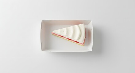 Top view of cake slice in takeaway box with empty label space, isolated on white background, high-resolution mockup