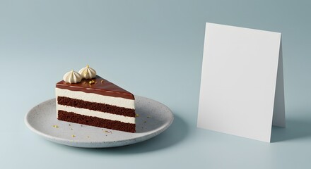 Cake slice on modern ceramic plate with a blank menu card beside it, café branding mockup scene