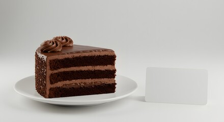 Slice of layered chocolate cake on a plate with empty space for pricing label, product mockup concept