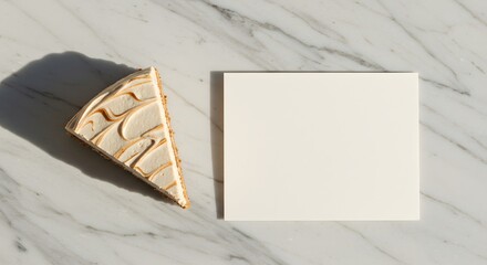Flat lay of cake slice on marble table with blank thank-you card, elegant branding composition