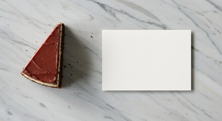 Flat lay of cake slice on marble table with blank thank-you card, elegant branding composition
