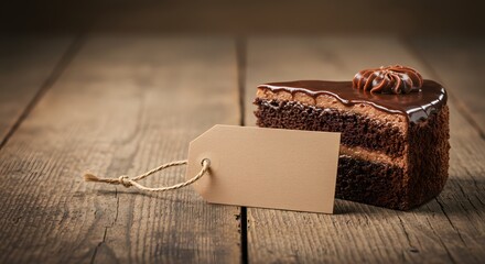 Cake slice on table with a blank kraft paper tag and ribbon, packaging mockup with rustic charm