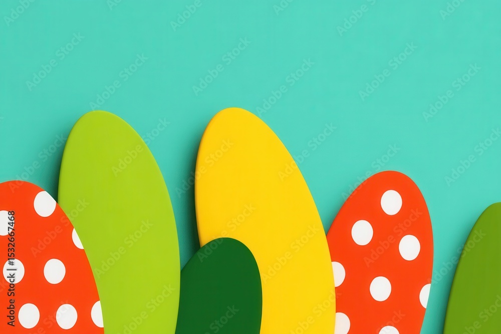 Poster vibrant colorful shapes with polka dots and solid colors on a turquoise background for playful and c