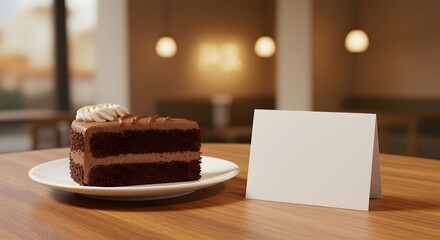 Dessert café scene with cake slice and blank tent card for branding or menu presentation
