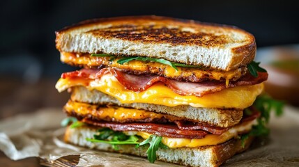  a towering sandwich composed of multiple layers. between slices of toasted bread are alternating stacks of melted yellow food, crispy brown slices, and leafy greens