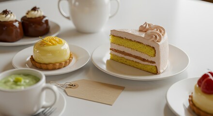 Flat lay of dessert table with cake slice and empty price tag, high-angle clean stock photography style