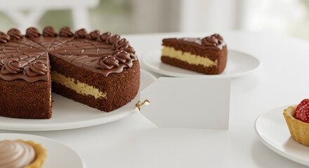 Flat lay of dessert table with cake slice and empty price tag, high-angle clean stock photography style