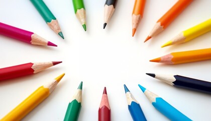 Fototapeta premium Colorful pencils first to school arranged in circle on white background with copy space