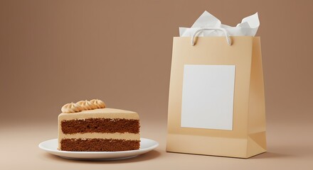 Cake slice beside branded gift bag with blank label, festive dessert mockup for marketing visuals