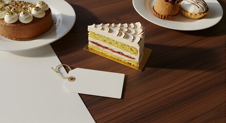 Flat lay of dessert table with cake slice and empty price tag, high-angle clean stock photography style