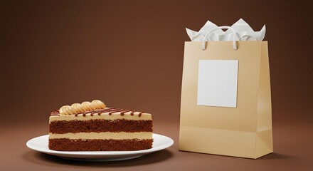Cake slice beside branded gift bag with blank label, festive dessert mockup for marketing visuals