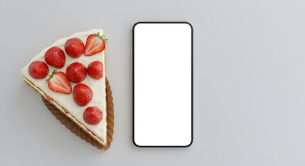 Top view of a cake slice and smartphone with blank screen, food delivery or review app mockup concept