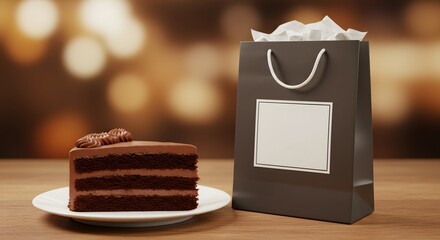 Cake slice beside branded gift bag with blank label, festive dessert mockup for marketing visuals