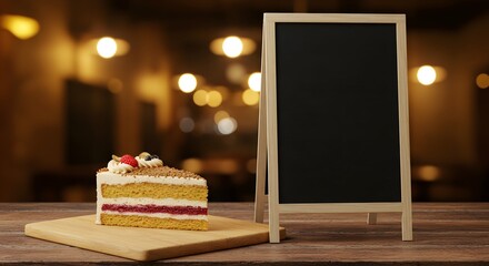 Cake slice on cutting board with editable chalkboard sign in background, cozy café setting