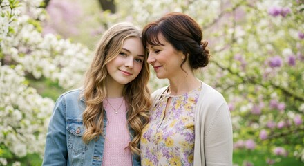 Fototapeta premium Mother and Daughter Share Beautiful Spring Moment with Flowers - Women Celebrating Family Love and Happiness with Nature's Blooms and Smiles