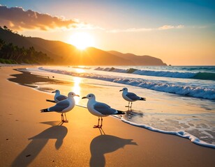 Sunrise beach with seagulls