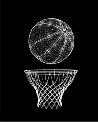 Digital illustration of a hand reaching for a basketball in wireframe style. Vector illustration on black