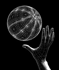Detailed digital illustration of a wireframe hand reaching for a basketball, rendered with a realistic feel. Vector illustration