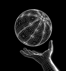 Detailed digital illustration of a wireframe hand reaching for a basketball, rendered with a realistic feel. Vector illustration