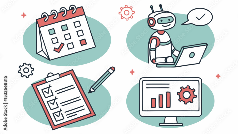Poster illustration showing a calendar, checklist, robot working on a laptop, and a monitor displaying data