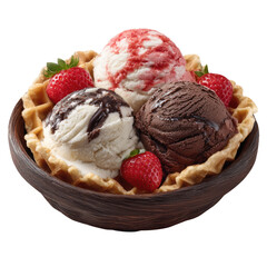 Waffle Basket Filled with Strawberry, Vanilla, and Chocolate Ice Cream on Transparent Background