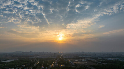 The scenery of city sunset and evening glow