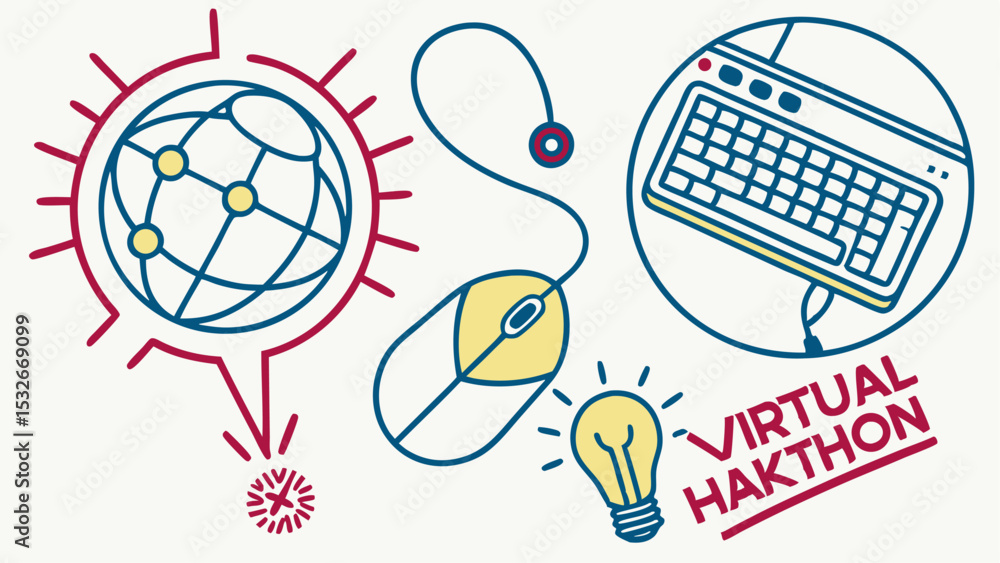 Poster illustration of a virtual hakthon with a globe, mouse, keyboard, and lightbulb in a colorful design