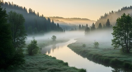 Fototapeta premium Misty morning in a valley with a river winding through, peaceful and calm atmosphere