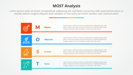 MOST analysis infographic concept for slide presentation with boxed creative rectangle stack with 4 point list with flat style
