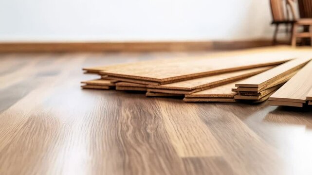 Cork flooring planks resting on modern parquet within empty room, awaiting professional installation in contemporary interior design project