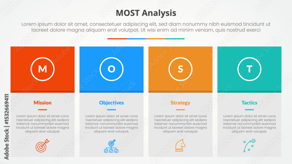 Aufkleber most analysis infographic concept for slide presentation with big box table and colorfull header wit